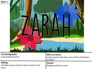 Shot: 1
Cinematography:
Long establishing shot
Mise-en-scene:
Jungle location with lake, name of film with flowers
around it
Editing:
Text fades away and Zarah starts to walk on the
scene
Sound:
Background/theme music
 