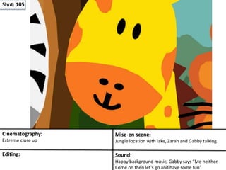 Shot: 105
Cinematography:
Extreme close up
Mise-en-scene:
Jungle location with lake, Zarah and Gabby talking
Editing: Sound:
Happy background music, Gabby says “Me neither.
Come on then let’s go and have some fun”
 