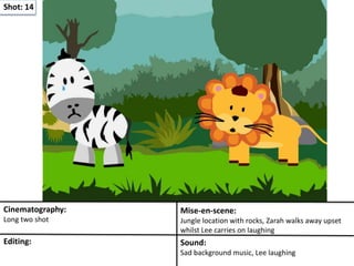 Shot: 14
Cinematography:
Long two shot
Mise-en-scene:
Jungle location with rocks, Zarah walks away upset
whilst Lee carries on laughing
Editing: Sound:
Sad background music, Lee laughing
 