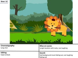 Shot: 15
Cinematography:
Long shot
Mise-en-scene:
Jungle location with rocks, Lee laughing
Editing:
Fade to black
Sound:
Sad background music fading out, Lee laughing
fading out
 