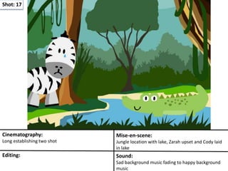Shot: 17
Cinematography:
Long establishing two shot
Mise-en-scene:
Jungle location with lake, Zarah upset and Cody laid
in lake
Editing: Sound:
Sad background music fading to happy background
music
 