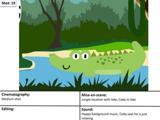Shot: 19
Cinematography:
Medium shot
Mise-en-scene:
Jungle location with lake, Cody in lake
Editing: Sound:
Happy background music, Cody says he is just
relaxing
 