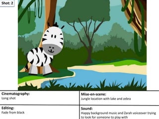 Shot: 2
Cinematography:
Long shot
Mise-en-scene:
Jungle location with lake and zebra
Editing:
Fade from black
Sound:
Happy background music and Zarah voiceover trying
to look for someone to play with
 