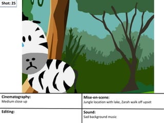 Shot: 25
Cinematography:
Medium close up
Mise-en-scene:
Jungle location with lake, Zarah walk off upset
Editing: Sound:
Sad background music
 