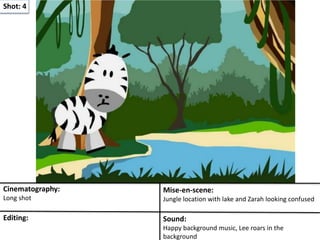 Shot: 4
Cinematography:
Long shot
Mise-en-scene:
Jungle location with lake and Zarah looking confused
Editing: Sound:
Happy background music, Lee roars in the
background
 