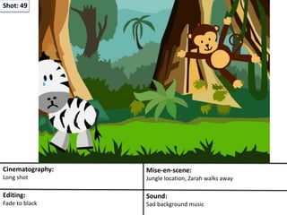 Shot: 49
Cinematography:
Long shot
Mise-en-scene:
Jungle location, Zarah walks away
Editing:
Fade to black
Sound:
Sad background music
 