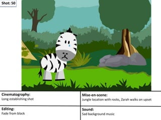 Shot: 50
Cinematography:
Long establishing shot
Mise-en-scene:
Jungle location with rocks, Zarah walks on upset
Editing:
Fade from black
Sound:
Sad background music
 