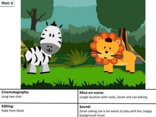 Shot: 6
Cinematography:
Long two shot
Mise-en-scene:
Jungle location with rocks, Zarah and Lee talking
Editing:
Fade from black
Sound:
Zarah asking Lee is he wants to play with her, happy
background music
 