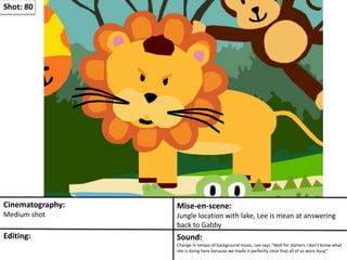 Shot: 80
Cinematography:
Medium shot
Mise-en-scene:
Jungle location with lake, Lee is mean at answering
back to Gabby
Editing: Sound:
Change in tempo of background music, Lee says “Well for starters I don’t know what
she is doing here because we made it perfectly clear that all of us were busy”
 