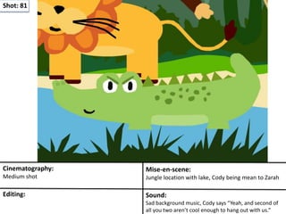 Shot: 81
Cinematography:
Medium shot
Mise-en-scene:
Jungle location with lake, Cody being mean to Zarah
Editing: Sound:
Sad background music, Cody says “Yeah, and second of
all you two aren’t cool enough to hang out with us.”
 