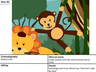 Shot: 82
Cinematography:
Medium shot
Mise-en-scene:
Jungle location with lake, Marcel being mean to
Zarah
Editing: Sound:
Sad background music, Marcel says “Yeah that’s right
go away”
 