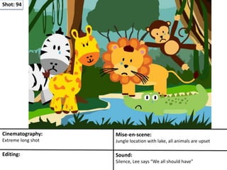 Shot: 94
Cinematography:
Extreme long shot
Mise-en-scene:
Jungle location with lake, all animals are upset
Editing: Sound:
Silence, Lee says “We all should have”
 