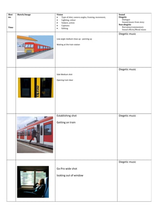 Shot
no.
Time
Sketch/Image Vision
• Type of shot, camera angles, framing, movement,
• Lighting, colour
• Subject, action
• Captions
• Editing
Sound
Diegetic
Dialogue
Sound/music from story
Non-diegetic
Narration/commentary
Sound effects/Mood music
Low angle medium close up - panning up
Waiting at the train station
Diegetic music
Side Medium shot
Opening train door
Diegetic music
Establishing shot
Getting on train
Diegetic music
Go Pro wide shot
looking out of window
Diegetic music
 