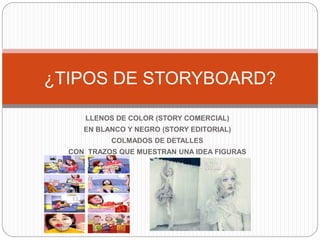 LLENOS DE COLOR (STORY COMERCIAL)
EN BLANCO Y NEGRO (STORY EDITORIAL)
COLMADOS DE DETALLES
CON TRAZOS QUE MUESTRAN UNA IDEA FIGURAS
¿TIPOS DE STORYBOARD?
 