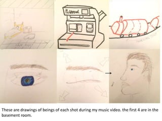 These are drawings of beings of each shot during my music video. the first 4 are in the
basement room.
 