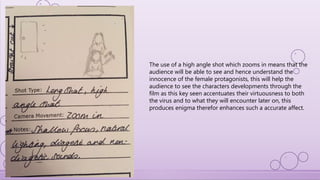 The use of a high angle shot which zooms in means that the
audience will be able to see and hence understand the
innocence of the female protagonists, this will help the
audience to see the characters developments through the
film as this key seen accentuates their virtuousness to both
the virus and to what they will encounter later on, this
produces enigma therefor enhances such a accurate affect.
 