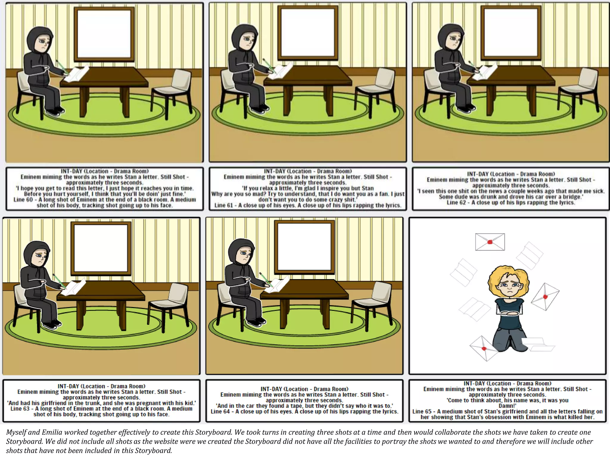 Myself and Emilia worked together effectively to create this Storyboard. We took turns in creating three shots at a time and then would collaborate the shots we have taken to create one
Storyboard. We did not include all shots as the website were we created the Storyboard did not have all the facilities to portray the shots we wanted to and therefore we will include other
shots that have not been included in this Storyboard.