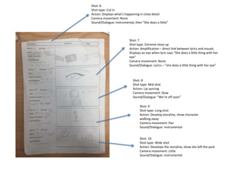Shot: 6
Shot type: Cut in
Action: Displays what’s happening in close detail
Camera movement: None
Sound/Dialogue: Instrume...
