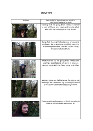 Storyboard
Pictures Description of action/type and length of
shot/music/dialogue/location
Close up shot, not giving direct address in front of
a tree, with hand over mouth and wearing a hat
which fits the stereotype of Indie Artists.
Long shot, showing the background of trees and
the forest. She is wearing a long black coat to fit
in with the genre Indie. They are slightly facing
the camera but not fully.
Medium-close-up, Not giving direct address and
wearing a black top and hat. She is in between
two tree trunks with the forest scene behind her.
Medium- close-up, slightly facing the camera and
wearing a black and black top. Standing in front of
a tree trunk with the forest scenery behind.
Close-up, giving direct address. She is standing in
front of tree branches with leaves on.
 