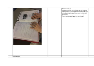 Minimal make up.
Handheldtorchso the character can see whatshe
isdoingwithoutdrawingattentiontoherself. Asit
ishandhelditwill make itlookmore realisticwith
hernerves.
There isa score playingall the waythrough.
Editingnotes
 