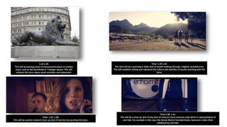 1.22-1.29.
This will be panning shots of monumental places in London
town, such as the Southbank or Trafalgar square. This will
enhance the lyrics about youth activities and enjoyment.
Time: 1.29-1.33.
This shot will be a panning or dolly shot of youths walking through a slightly secluded area.
This will establish setting and represent the culture and activities of youths synching with the
lyrics.
Time: 1.33- 1.38.
This will be another medium close up shot of Jasmine lip-synching the lyrics.
Time:1.38- 1.41.
This will be a close up shot of any item of msie-en-cence costume code which is representative of
cool kids. For example in this case, the Doctor Martin branded boots, represent a style often
exhibited by cool kids.
 