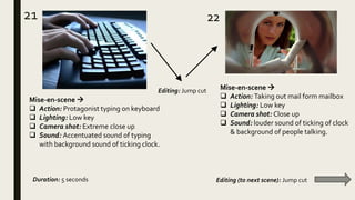 21
Mise-en-scene 
 Action: Protagonist typing on keyboard
 Lighting: Low key
 Camera shot: Extreme close up
 Sound: Accentuated sound of typing
with background sound of ticking clock.
Mise-en-scene 
 Action: Taking out mail form mailbox
 Lighting: Low key
 Camera shot: Close up
 Sound: louder sound of ticking of clock
& background of people talking.
22
Duration: 5 seconds Editing (to next scene): Jump cut
Editing: Jump cut
 