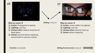 26 27
Mise-en-scene 
 Action: Protagonist on laptop.
 Lighting: Low key
 Camera shot: medium shot/ lots of
head space.
 Sound: sound of advert replaying
(sound starts in previous scene).
Mise-en-scene 
 Action: screen reflect son glasses
 Lighting: Low key
 Camera shot: extreme close up
 Sound: advert replaying
Editing: Jump cut
Duration: 10 seconds Editing (to next scene): Jump cut
 