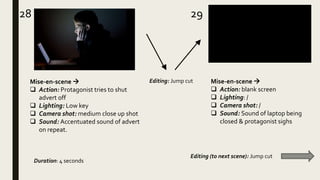28 29
Mise-en-scene 
 Action: Protagonist tries to shut
advert off
 Lighting: Low key
 Camera shot: medium close up shot
 Sound: Accentuated sound of advert
on repeat.
Mise-en-scene 
 Action: blank screen
 Lighting: /
 Camera shot: /
 Sound: Sound of laptop being
closed & protagonist sighs
Editing: Jump cut
Duration: 4 seconds
Editing (to next scene): Jump cut
 