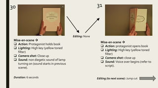 30 31
Mise-en-scene 
 Action: protagonist opens book
 Lighting: High key (yellow toned
filter)
 Camera shot: close up
 Sound: Voice over begins (refer to
script).
Mise-en-scene 
 Action: Protagonist holds book
 Lighting: High key (yellow toned
filter)
 Camera shot: Close up
 Sound: non diegetic sound of lamp
turning on (sound starts in previous
scene).
Editing: None
Duration: 6 seconds Editing (to next scene): Jump cut
 