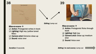 Mise-en-scene 
 Action: Protagonist flicks through
book
 Lighting: High key
 Camera shot: Close up/medium
shot
 Sound: Voice over
38 39
Mise-en-scene 
 Action: Protagonist writes in book
 Lighting: High key (yellow toned
filter)
 Camera shot: Extreme close up
 Sound: voice over
Editing: Jump cut
Duration: 6 seconds Editing ( to next scene): Jump cut
 