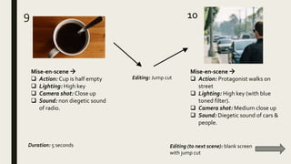 9 10
Mise-en-scene 
 Action: Cup is half empty
 Lighting: High key
 Camera shot: Close up
 Sound: non diegetic sound
of radio.
Mise-en-scene 
 Action: Protagonist walks on
street
 Lighting: High key (with blue
toned filter).
 Camera shot: Medium close up
 Sound: Diegetic sound of cars &
people.
Duration: 5 seconds Editing (to next scene): blank screen
with jump cut
Editing: Jump cut
 