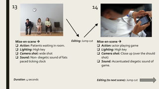 13 14
Mise-en-scene 
 Action: Patients waiting in room.
 Lighting: High key
 Camera shot: wide shot
 Sound: Non- diegetic sound of fats
paced ticking clock
Mise-en-scene 
 Action: actor playing game
 Lighting: High key
 Camera shot: Close up (over the should
shot)
 Sound: Accentuated diegetic sound of
game.
Duration: 4 seconds Editing (to next scene): Jump cut
Editing: Jump cut
 