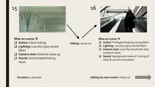 15 16
Mise-en-scene 
 Action: Clock ticking
 Lighting: Low key (grey toned
filter)
 Camera shot: Extreme close up
 Sound: Accentuated ticking
noise
Mise-en-scene 
 Action: Protagonist going up escalator
 Lighting: Low key (grey toned filter)
 Camera shot: over the should der shot
(medium shot)
 Sound: background noise of ticking of
clock & sound of escalator
Duration: 4 seconds Editing (to next scene): Jump cut
Editing: Jump cut
 