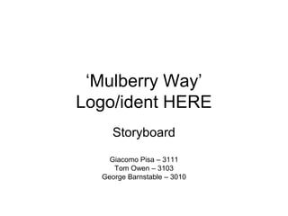 ‘Mulberry Way’
Logo/ident HERE
Storyboard
Giacomo Pisa – 3111
Tom Owen – 3103
George Barnstable – 3010
 
