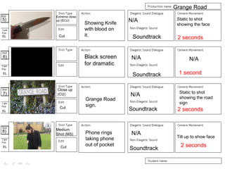 Grange Road
sign.
Showing Knife
with blood on
it.
Phone rings
taking phone
out of pocket
5)
6)
7)
8)
EL
EL
EL
EL
Extreme close
up (ECU)
Close up
(CU)
Medium
Shot (MS)
Cut
Cut
Cut Soundtrack
Soundtrack
Soundtrack
Soundtrack
N/A
N/A
N/A
N/A
Static to shot
showing the face
Static to shot
showing the road
sign
Tilt up to show face
Grange Road
2 seconds
2 seconds
2 seconds
Black screen
for dramatic
1 second
N/A
 
