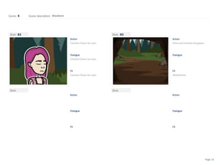 Shot:
Scene: Scene description:
Action
Dialogue
FX
Shot:
Action
Dialogue
FX
Shot:
Action
Dialogue
FX
Shot:
Action
Dialogue
FX
6 Woodland
82 83
Page 23
Carolina Closes her eyes
Carolina Closes her eyes
Carolina Closes her eyes Windchimes
Olive and Carolina Disappear.
 