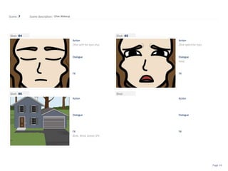 Shot:
Scene: Scene description:
Action
Dialogue
FX
Shot:
Action
Dialogue
FX
Shot:
Action
Dialogue
FX
Shot:
Action
Dialogue
FX
7 Olive Wakeup
84
Olive with her eyes shut
85
Olive opens her eyes
Gasp
86
Birds, Wind, Leaves SFX
Page 24
 