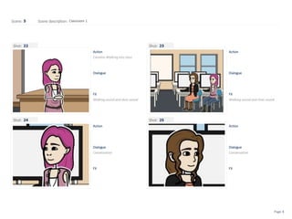 Shot:
Scene: Scene description:
Action
Dialogue
FX
Shot:
Action
Dialogue
FX
Shot:
Action
Dialogue
FX
Shot:
Action
Dialogue
FX
5 Classroom 1
22
Carolina Walking into class
Walking sound and door sound
23
Walking sound and chair sound
24
Conversation
25
Conversation
Page 8
 