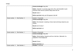 TITLE:
3
Camera shot/angle: long shot
Action: character 1 is pouring sugar onto a fire, and if possible in post-
production there will be a phoenix flying above the fire
Sound: verse 1
Edit to next shot: whip pan 90 degrees to the left
Scene number: 3 Shot Number: 3 Duration: 10 seconds
Camera shot/angle: long shot
Action: first character is wearing a horse mask and being chased by ace
Ventura
Sound: end of verse 1
Edit to next shot: cut
Scene number: 4.. Shot Number: 1 Duration: 25 seconds
Camera shot/angle: long shot
Action: Strobe lighting, fireworks and fire on the floor. Aftermath of a
protest/riot in the background
Sound: Chorus
Edit to next shot: cut
Scene number: 5 Shot Number: 1 Duration: 5 seconds
 
