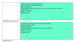 ACTION: Girl standing and looking over river
SHOT TYPE: Over-the-shoulder, mid shot
LENGTH OF SHOT: 3s
SOUND/LIGHTING: Mus...