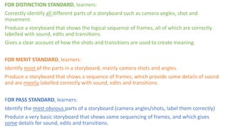 FOR DISTINCTION STANDARD, learners:
Correctly identify all different parts of a storyboard such as camera angles, shot and
movement.
Produce a storyboard that shows the logical sequence of frames, all of which are correctly
labelled with sound, edits and transitions.
Gives a clear account of how the shots and transitions are used to create meaning.
FOR MERIT STANDARD, learners:
Identify most of the parts in a storyboard, mainly camera shots and angles.
Produce a storyboard that shows a sequence of frames, which provide some details of sound
and are mostly labelled correctly with sound, edits and transitions.
FOR PASS STANDARD, learners:
Identify the most obvious parts of a storyboard (camera angles/shots, label them correctly)
Produce a very basic storyboard that shows some sequencing of frames, and which gives
some details for sound, edits and transitions.
 