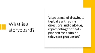 What is a
storyboard?
‘a sequence of drawings,
typically with some
directions and dialogue,
representing the shots
planned for a film or
television production’.
 
