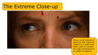 The Extreme Close-up
Shows small actions or
gestures that might be
missed in a wider shot.
Often used to indicate
the high importance of
an object or gesture
 
