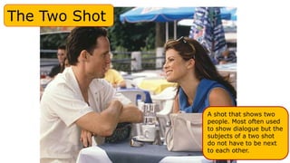 The Two Shot
A shot that shows two
people. Most often used
to show dialogue but the
subjects of a two shot
do not have to be next
to each other.
 