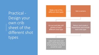 Practical -
Design your
own crib
sheet of the
different shot
types
Make a list of the
different shot types
Get a camera
Go out and take still
photos of each
different shot type
Return and create a
PowerPoint and include
each shot type
Label each shot and
write a brief description
of why/where that shot
would be used
 