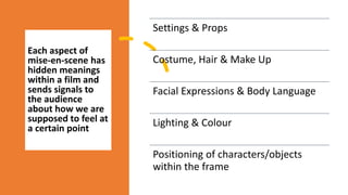 Settings & Props
Costume, Hair & Make Up
Facial Expressions & Body Language
Lighting & Colour
Positioning of characters/objects
within the frame
Each aspect of
mise-en-scene has
hidden meanings
within a film and
sends signals to
the audience
about how we are
supposed to feel at
a certain point
 
