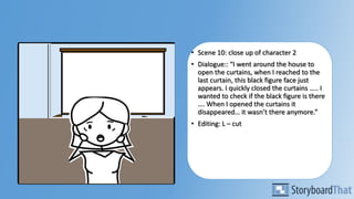 • Scene 10: close up of character 2
• Dialogue:: “I went around the house to
open the curtains, when I reached to the
last curtain, this black figure face just
appears. I quickly closed the curtains ….. I
wanted to check if the black figure is there
…. When I opened the curtains it
disappeared… it wasn’t there anymore.”
• Editing: L – cut
 