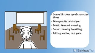 • Scene 21: close up of character
three
• Dialogue: Its behind you
• Music: tempo increasing
• Sound: heaving breathing
• Editing: cut to , past pace
 