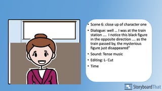 • Scene 6: close up of character one
• Dialogue: well … I was at the train
station …. I notice this black figure
in the opposite direction …. as the
train passed by, the mysterious
figure just disappeared”
• Sound: Tense music
• Editing: L- Cut
• Time
 