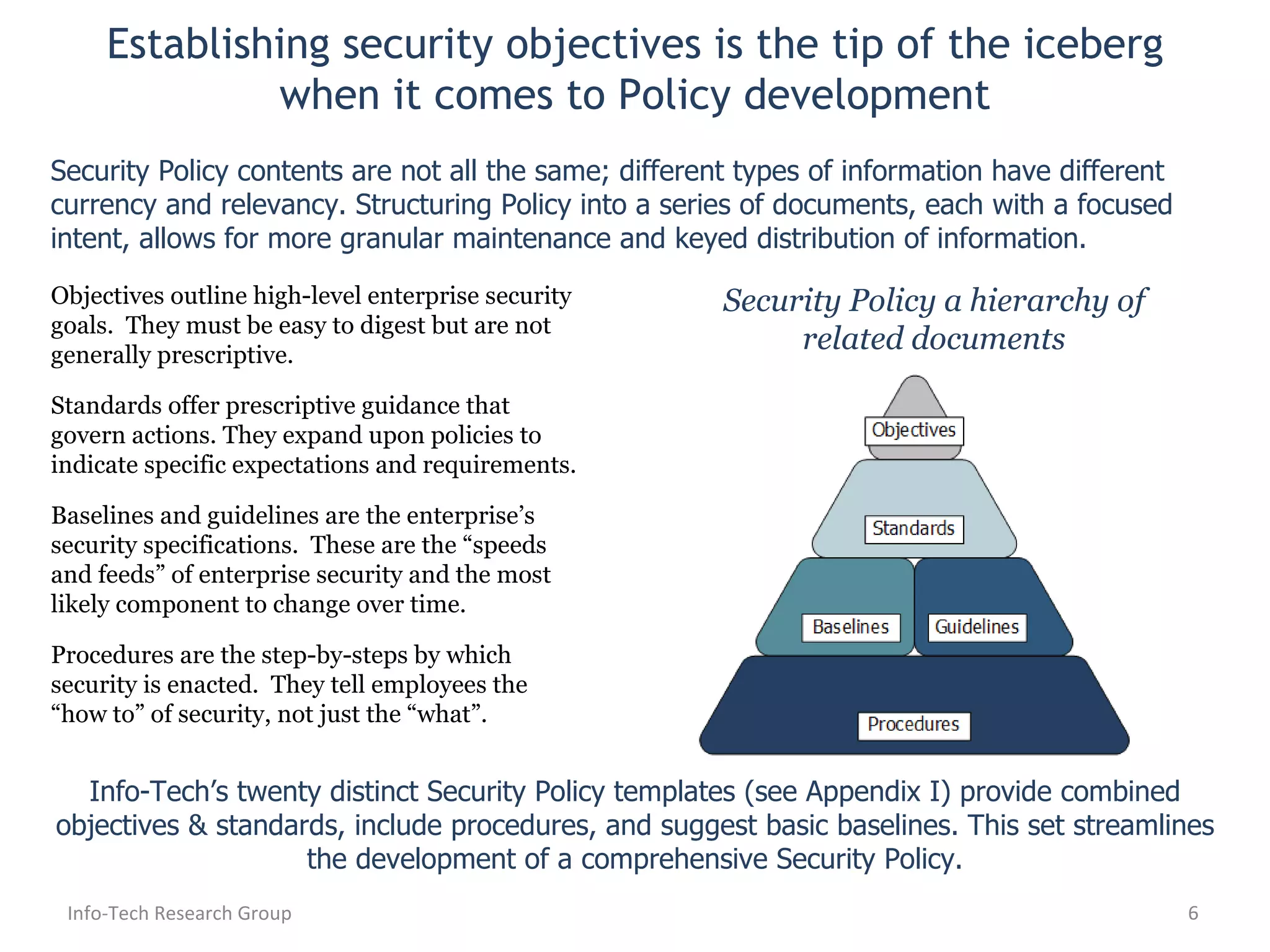 Establishing security objectives is the tip of the iceberg when it comes to Policy development Objectives outline high-level enterprise security goals.  They must be easy to digest but are not generally prescriptive. Standards offer prescriptive guidance that govern actions. They expand upon policies to indicate specific expectations and requirements. Baselines and guidelines are the enterprise’s security specifications.  These are the “speeds and feeds” of enterprise security and the most likely component to change over time. Procedures are the step-by-steps by which security is enacted.  They tell employees the “how to” of security, not just the “what”. Info-Tech Research Group Security Policy a hierarchy of related documents Info-Tech’s twenty distinct Security Policy templates (see Appendix I) provide combined objectives & standards, include procedures, and suggest basic baselines. This set streamlines the development of a comprehensive Security Policy. Security Policy contents are not all the same; different types of information have different currency and relevancy. Structuring Policy into a series of documents, each with a focused intent, allows for more granular maintenance and keyed distribution of information.  